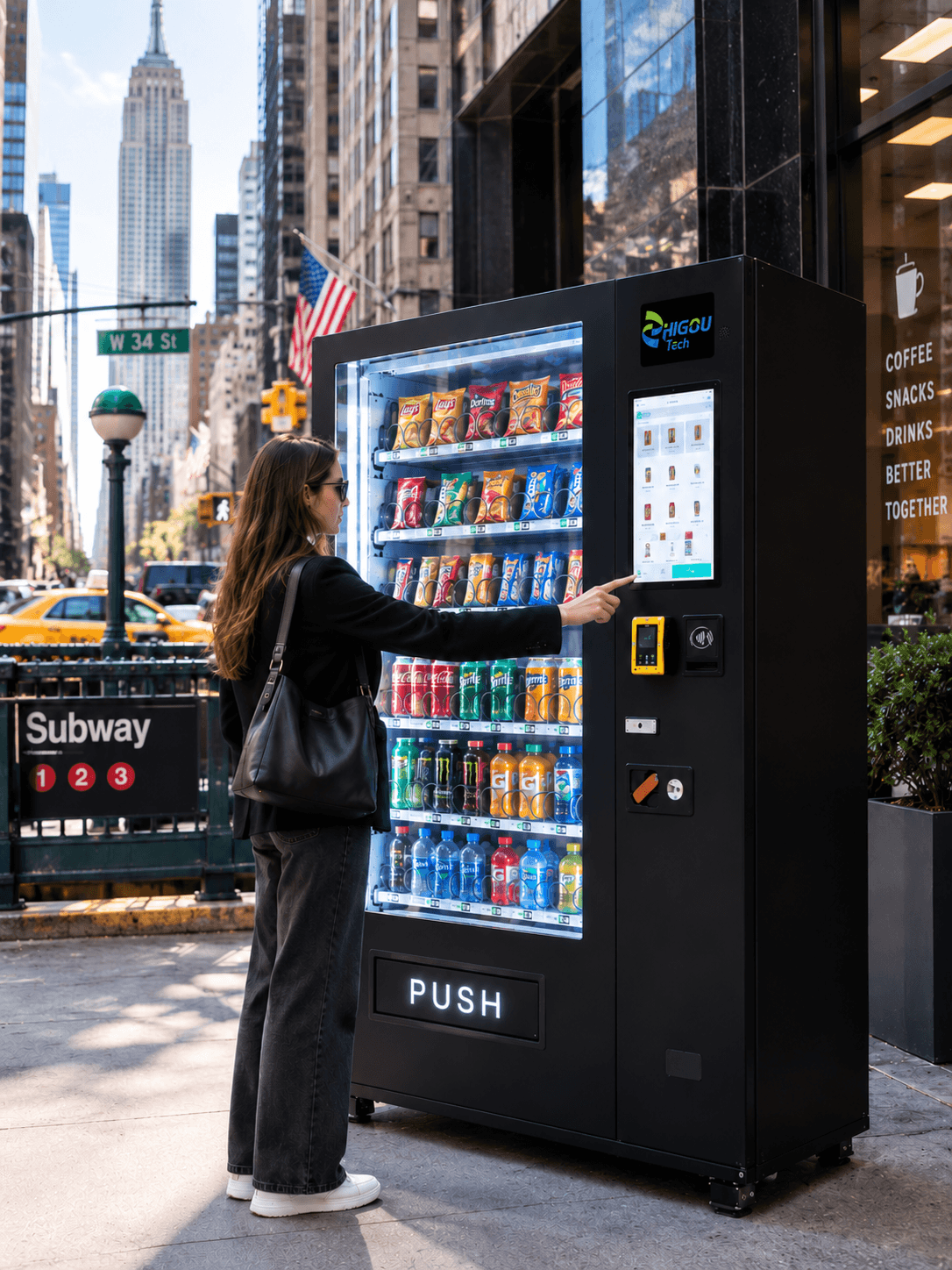 Black 15.6-inch touchscreen spiral vending machine in a New York street setting.png