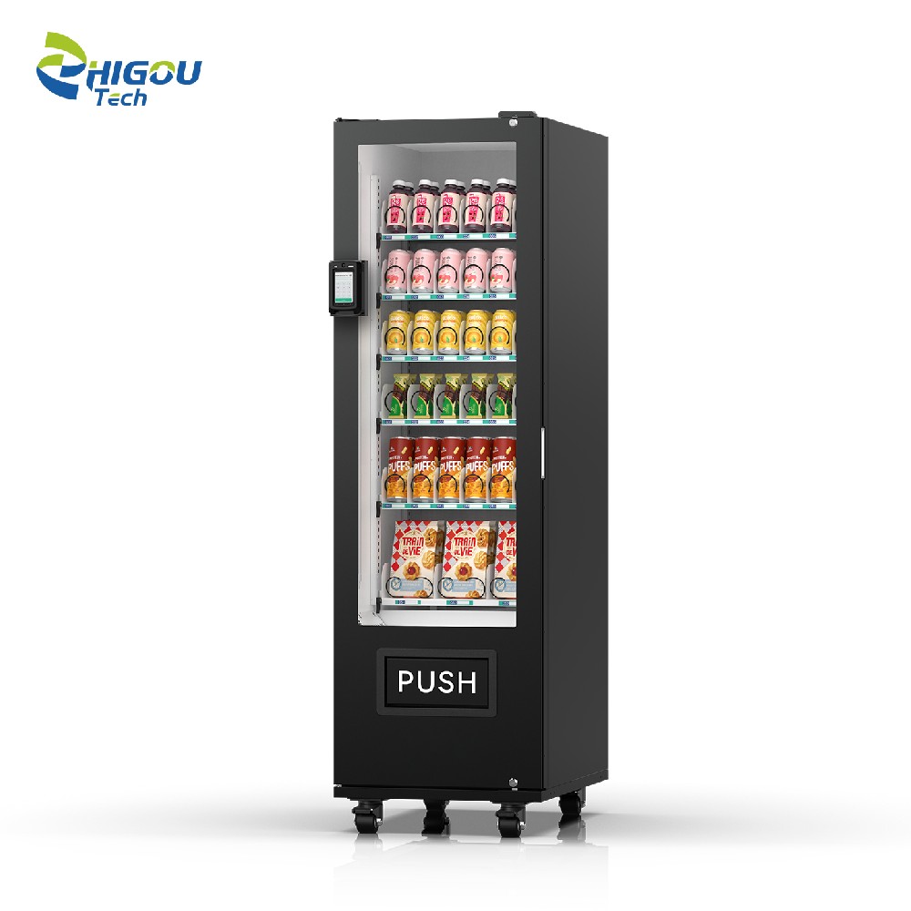 Zhiguo Tech 36-Channel Refrigerated Spring Vending Machine with Full-Screen Card Reader. Supports OEM customization, temperature control, payment method options, color customization, and API integration.