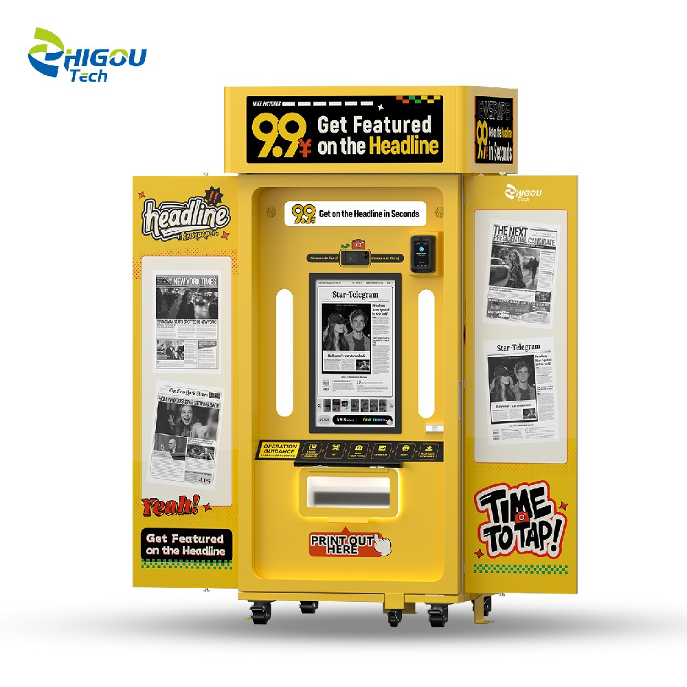The Zhiguo Tech interactive photo booth allows users to take fun photos and generate personalized newspaper-style prints. OEM customization services are offered.